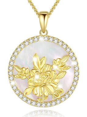 Sterling Silver Birth Flower Necklace with Mother of Pearl & CZ Pendant
